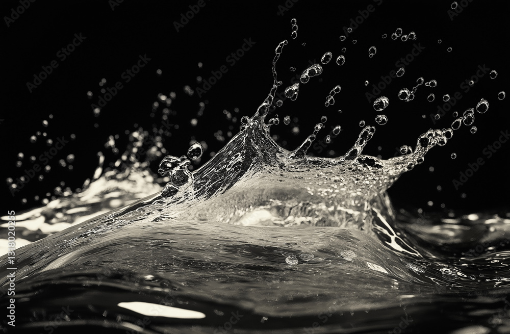 Poster water splashing in slow motion on a black background, 3d rendering, vector illustration with a white