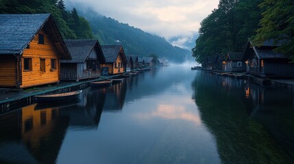 Fototapeta premium Tranquil River Scene with Wooden Cabins and Misty Mountains at Dawn