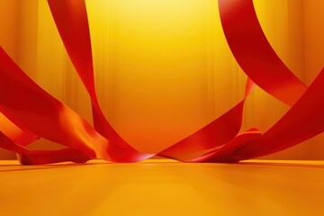 Red Ribbons Appear To Float Across A Bright Yellow Background