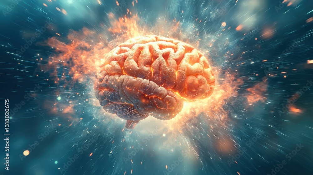 Poster a brain exploding with colorful energy representing the intensity and power of mental evolution