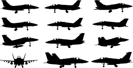 Fighter jet aircraft silhouette vector on white background, military vehicle technology, set of air force weapon in black and white.
