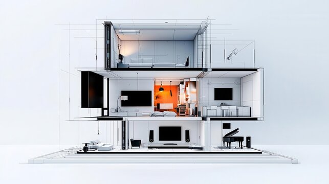 Exploded technical drawing of a mansion s home theater system, highlighting acoustic engineering and design