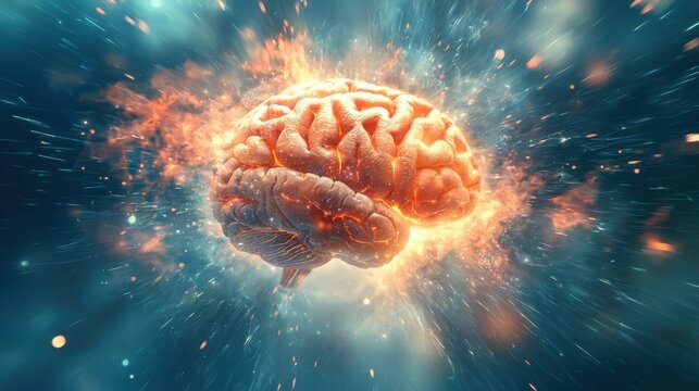 A brain exploding with colorful energy representing the intensity and power of mental evolution