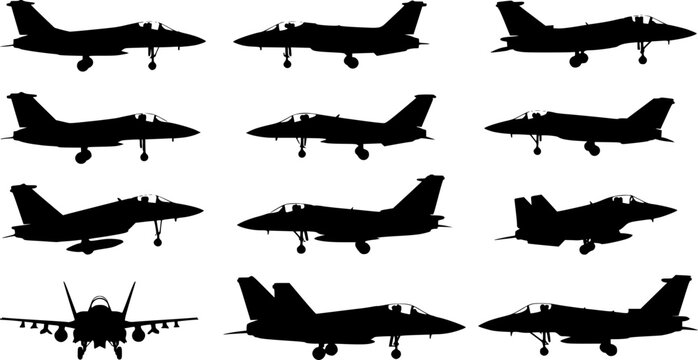 Fighter jet aircraft silhouette vector on white background, military vehicle technology, set of air force weapon in black and white.
