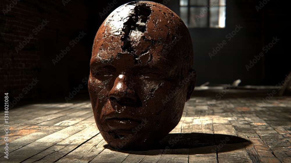 Poster thought-provoking image of a head resting on a wooden table evoking deep reflection in a mindful exp