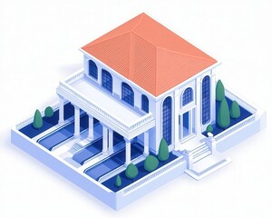 Isometric technical drawing of a mansion s underground parking structure, highlighting vehicle lifts and ventilation