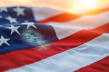 United States flag with digital data overlay against sun for technology use