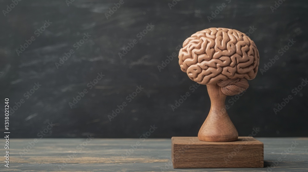 Poster wooden brain model on a blackboard representing cognitive functions and mindset shift in a creative 