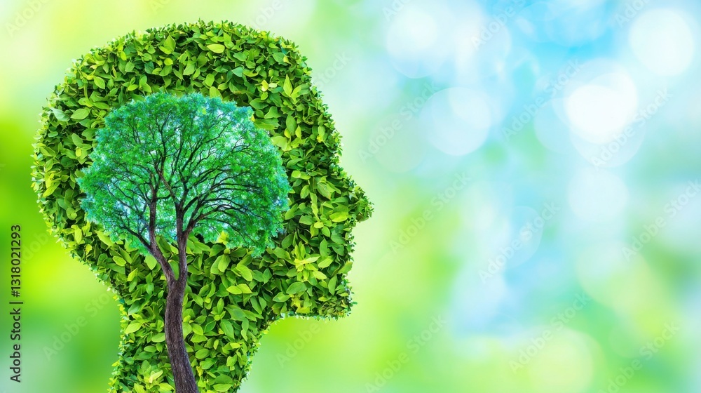 Poster tree sculpted in the shape of a human head symbolizing growth and mindset shift in nature's artistic