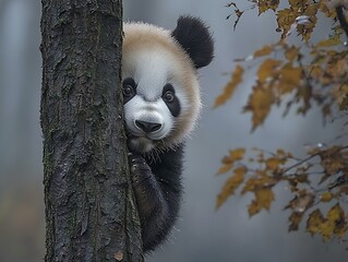 Obraz premium Panda Cub Hiding Autumn Forest Tree