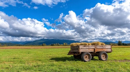 Rustic Wooden Cart in Lush Green Field Under Dramatic Sky