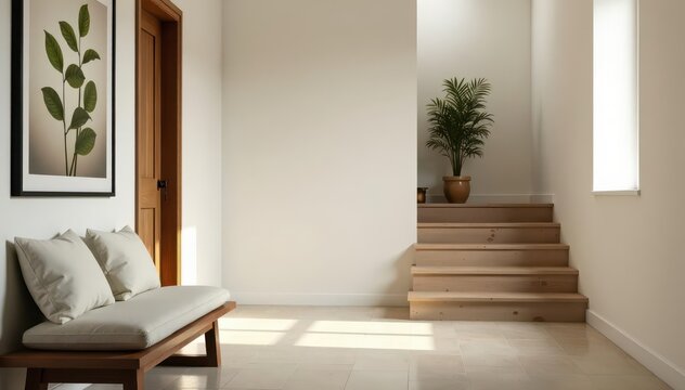 Fototapeta Modern hallway with wooden bench, soft pillows, traditional staircase , stair, home