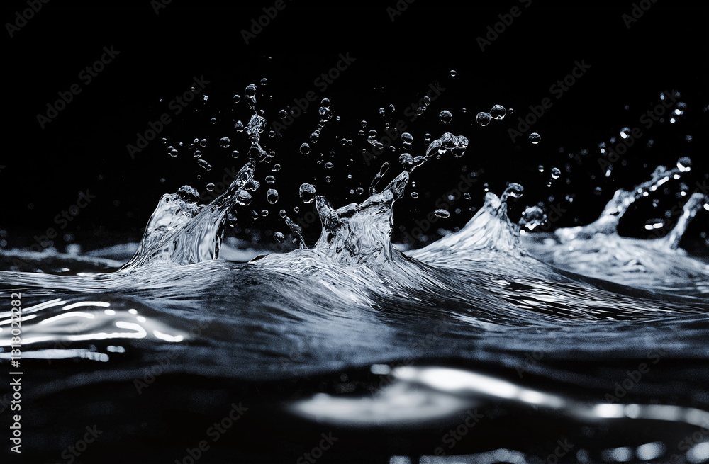 Poster water splashing in slow motion on a black background, 3d rendering, vector illustration with a white