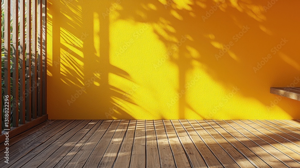 Poster inviting wooden deck with a comfortable bench surrounded by nature creating a peaceful and relaxing 