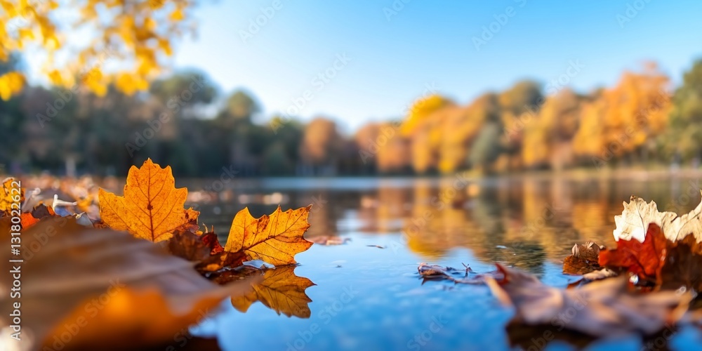 Poster fallen autumn leaves float on lake surface, trees display fall colors in background