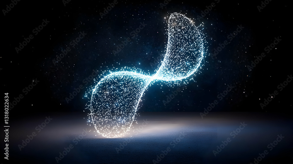Poster abstract glowing blue digital particle spiral in dark space with bright white light and subtle parti