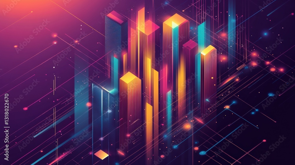 Poster vibrant geometric shapes and lines create a dynamic abstract digital landscape at dusk