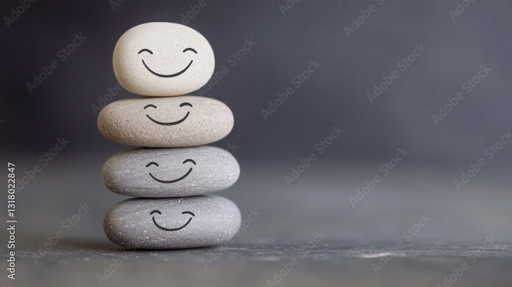 Poster stack of colorful rocks with a cheerful smiley face on top symbolizing positivity and resilience in 
