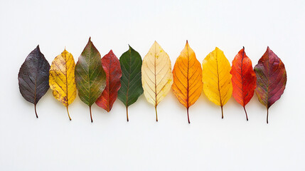 A colorful array of autumn leaves in various shades, neatly arranged on a white background, showcasing the beauty of seasonal change.