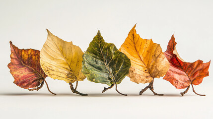 A row of five autumn leaves in varying colors, ranging from deep red to bright yellow and green, showcasing the beauty of seasonal change.