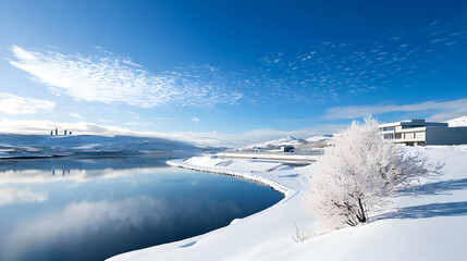 Winter Landscape With Snowy Shoreline Lake Reflecting Blue Sky And Buildings Under Bright Daylight