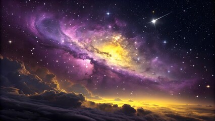 Fototapeta premium Fantasy Cosmic Galaxy with Glowing Nebula and Shooting Star in a Dreamlike Sky