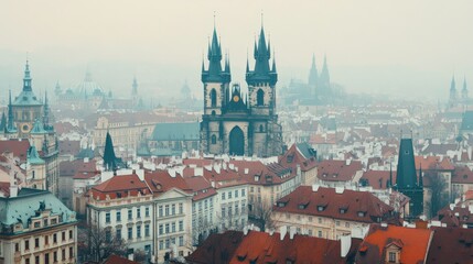 Obraz premium Historic Castle Tower Over Cityscape in White Background