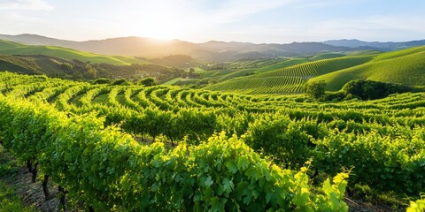 Vineyard at sunrise in rolling hills with a bright sun promoting travel/agriculture