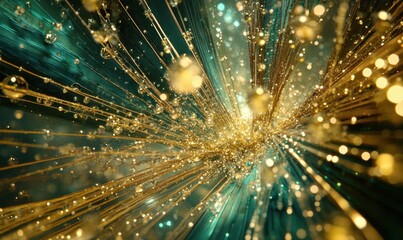 Obraz premium Golden droplets streak through teal light beams, abstract background
