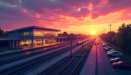 Fototapeta premium Picturesque Train Station in Springtime Bloom Idyllic Spring Railway Stop Surrounded by Nature Rustic Railway Station with Blossoms & Lush Greenery