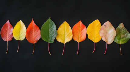 A colorful arrangement of leaves in shades of red, orange, yellow, and green, set against a black background, showcasing the beauty of nature's seasonal transitions.