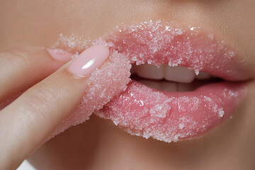 Fototapeta premium Beauty treatment with sugar scrub on lips for soft and smooth skin at skincare session