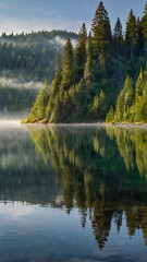 Fototapeta premium A misty mountain lake surrounded by dense evergreen trees, reflecting the soft morning light. 
