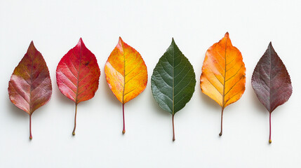 A row of six leaves displays a gradient of vibrant autumn colors, transitioning from deep red to rich green and yellow, against a clean white background.