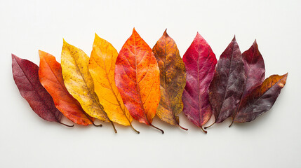 A beautiful arrangement of autumn leaves in vibrant shades of red, orange, yellow, and brown, showcasing the rich colors of the season against a neutral background.