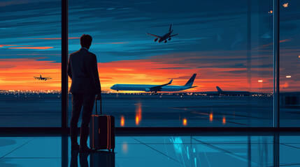 Vector illustration of Medium shot photography of a business traveler standing curbside at the airport, A suitcase stands beside him, and planes take off in the distance.