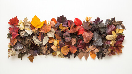A vibrant collection of autumn leaves in various colors and textures, arranged artfully against a white background, showcasing the beauty of nature's seasonal change.