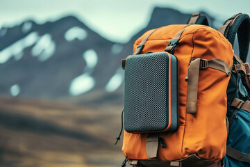 Backpack against a scenic mountain backdrop with snow-capped peaks in a serene outdoor environment