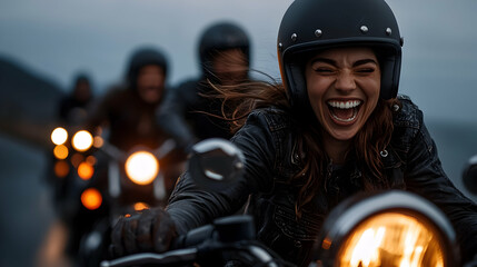 Smiling woman riding a motorcycle with friends on a road