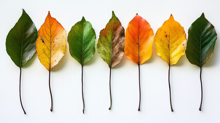 A vibrant array of leaves showcasing a gradient of colors from green to orange, reflecting the beauty of seasonal change. Each leaf displays unique textures and hues.
