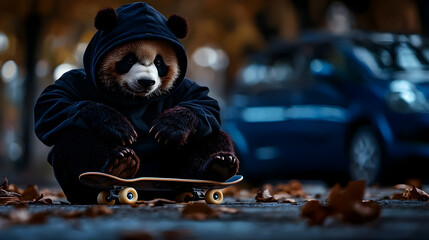 A panda wearing a hoodie sits on a skateboard in the street