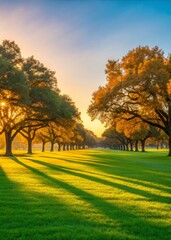 A serene landscape featuring trees casting long shadows on a lush green lawn, illuminated by warm golden sunlight.