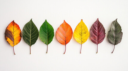 A vibrant array of leaves in varying colors?yellow, orange, green, and red?showcasing the beauty of nature's seasonal transformation against a white background.