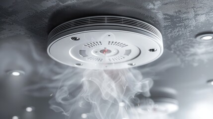 Ceiling smoke detector activated, emitting smoke, industrial interior