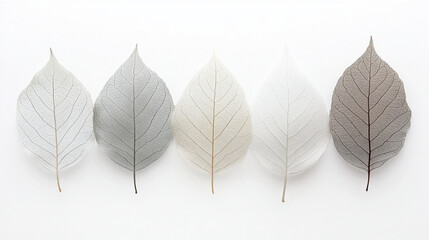 A minimalist arrangement of five translucent leaves in varying shades of gray and white, showcasing delicate textures against a clean white background.