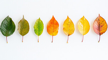 A row of leaves in various autumn colors, showcasing a gradient from green to yellow and orange, set against a clean white background.