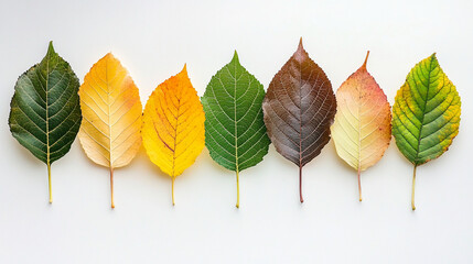 A harmonious arrangement of seven leaves in varying shades, from deep green to yellow and brown, showcasing the beauty of nature's seasonal transition.