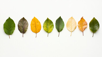 A harmonious display of leaves in varying colors?green, yellow, and brown?showcasing the natural transition of seasons against a white background.