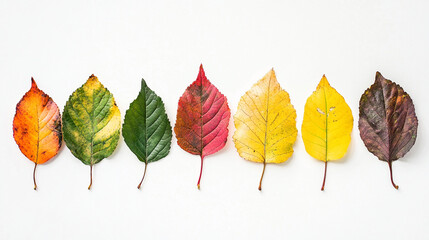 A vibrant array of leaves in various autumn colors?orange, green, red, yellow, and brown?arranged neatly against a white background, showcasing nature's seasonal beauty.