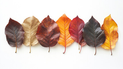 A series of seven leaves in vibrant autumn colors?red, orange, brown, and yellow?arranged neatly against a white background, showcasing nature's seasonal beauty.